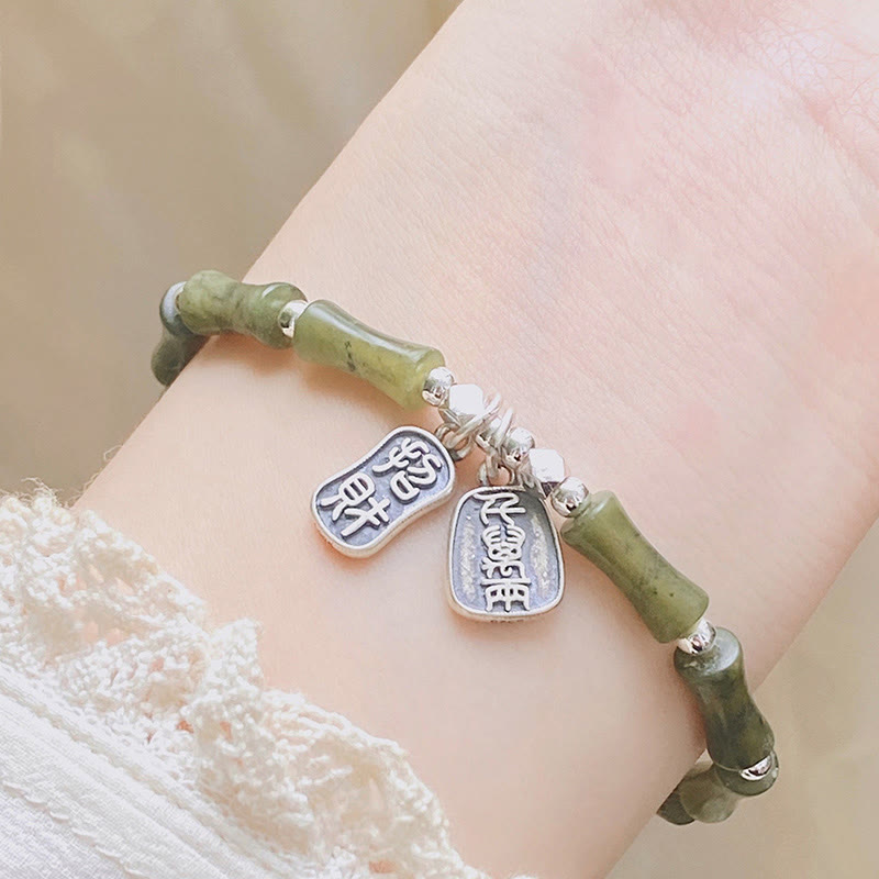 Fortune Jewel 925 Sterling Silver Bamboo Jade Lucky Cat Fu Character Luck Abundance Bracelet