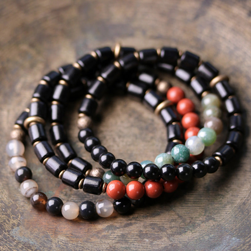 Fortune Jewel Ebony Wood Red Jasper Moss Agate Crystal Copper Peace Couple Bracelet