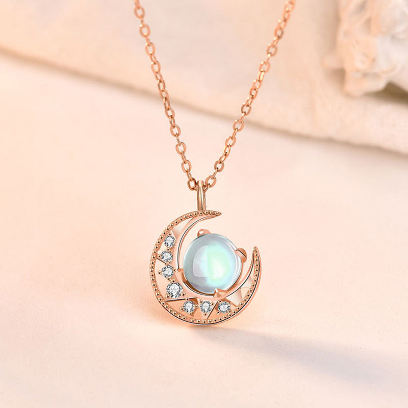 Fortune Jewel 925 Sterling Silver Moonstone Moon Pattern Love Necklace Pendant