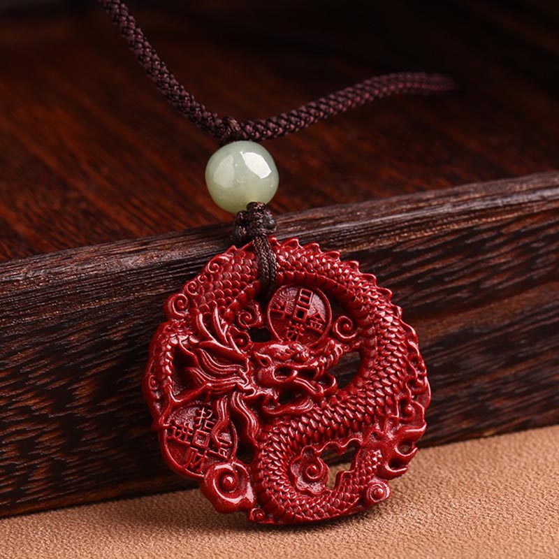 Fortune Jewel Year Of The Dragon Natural Cinnabar Hetian Jade Bead Copper Coin Attract Wealth Strength Necklace Pendant