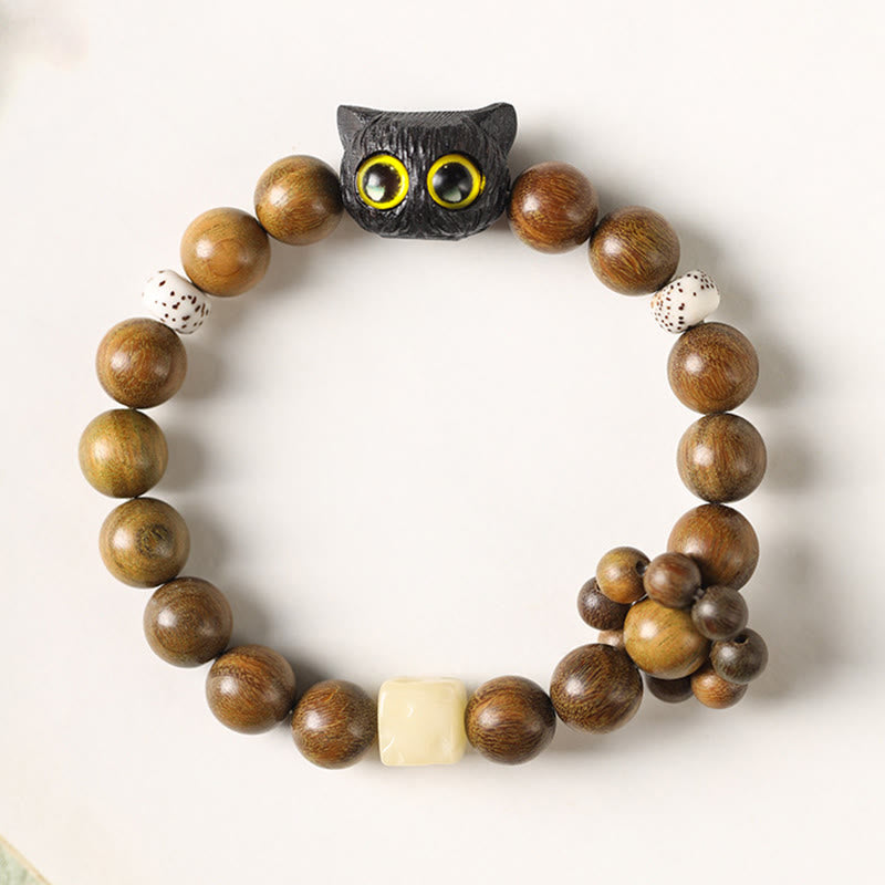 Fortune Jewel Green Sandalwood Ebony Wood Cat Peace Soothing Bracelet