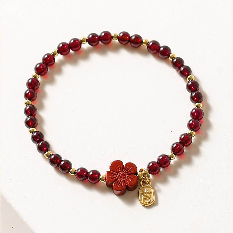 Fortune Jewel 14K Gold Plated Natural Garnet Cinnabar Flower Calm Bracelet