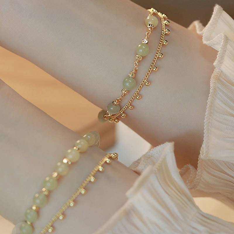 Fortune Jewel 14K Gold Plated 2 Layers Hetian Jade Bead Luck Prosperity Bracelet