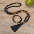 Fortune Jewel Tibetan Black Onyx Tiger Eye Protection Necklace Mala Set