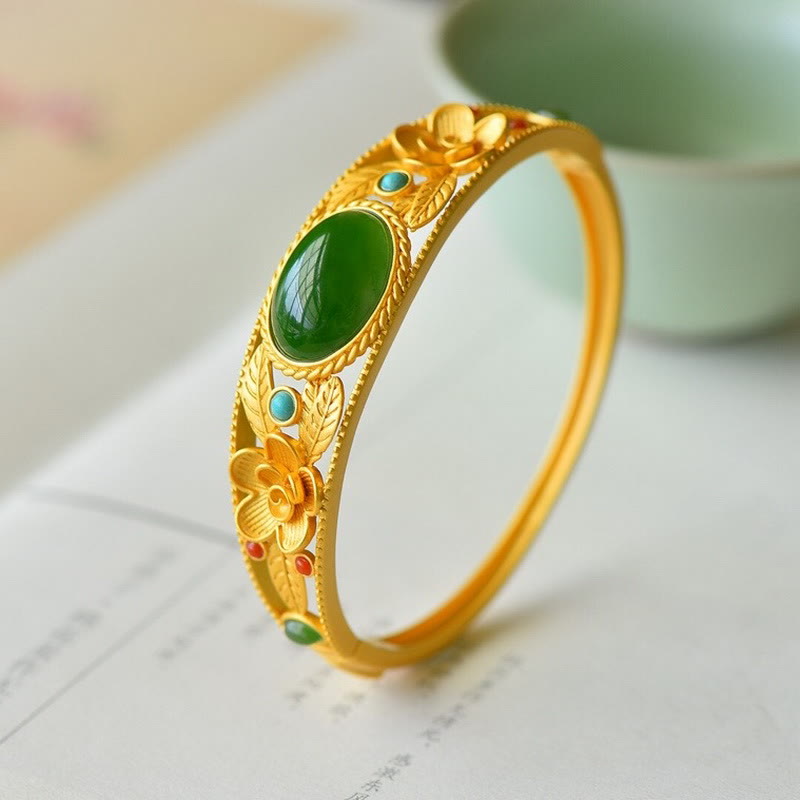Fortune Jewel Cyan Jade White Jade Flower Leaf Harmony Luck Bracelet Bangle