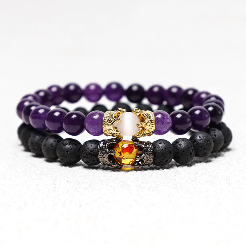 Fortune Jewel Natural Stone King&Queen Crown Healing Energy Beads Couple Bracelet