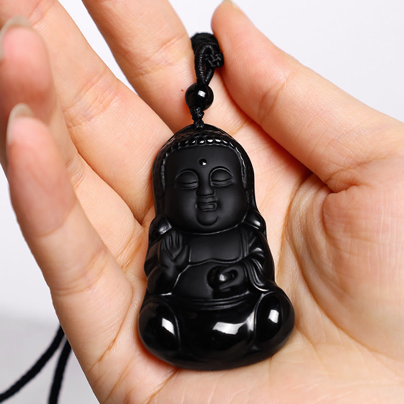 Fortune Jewel Natural Black Obsidian Crystal Buddha Strength Protection Amulet Lucky Charm Pendant Necklace