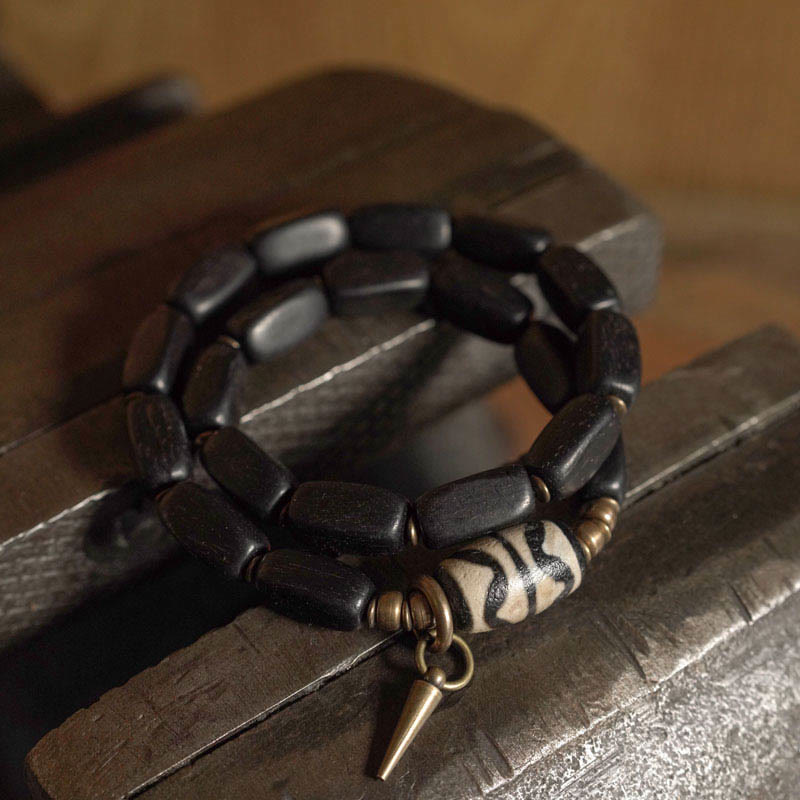 Fortune Jewel Tibet Ebony Wood Dzi Bead Copper Balance Double Wrap Bracelet