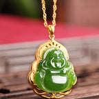 Fortune Jewel 925 Sterling Silver Natural Hetian Cyan Jade Laughing Buddha 18K Gold Healing Necklace Chain Pendant Fortune Jewel