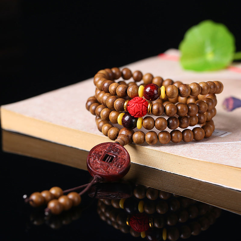 Fortune Jewel 108 Mala Beads Peach Wood Bodhi Seed Lotus Prayer Meditation Bracelet