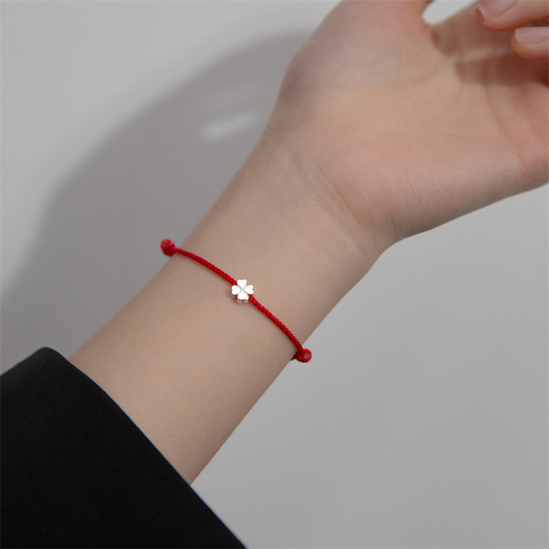 Fortune Jewel 925 Sterling Silver Four Leaf Clover Red Rope Bracelet
