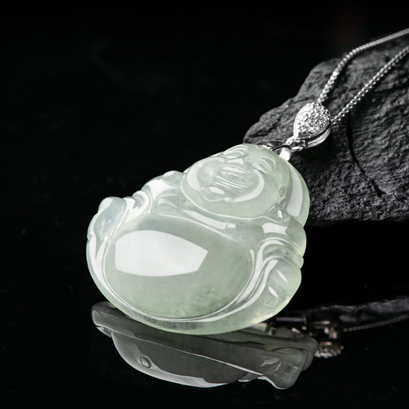 Fortune Jewel Natural Jade Laughing Buddha Prosperity Abundance Titanium Steel Chain Necklace Pendant Fortune Jewel