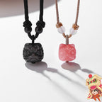Fortune Jewel Natural Silver Sheen Obsidian Red Agate Dancing Lion Protection Necklace Pendant