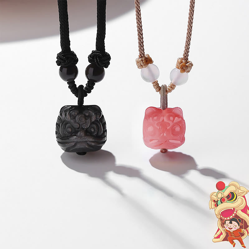 Fortune Jewel Natural Silver Sheen Obsidian Red Agate Dancing Lion Protection Necklace Pendant