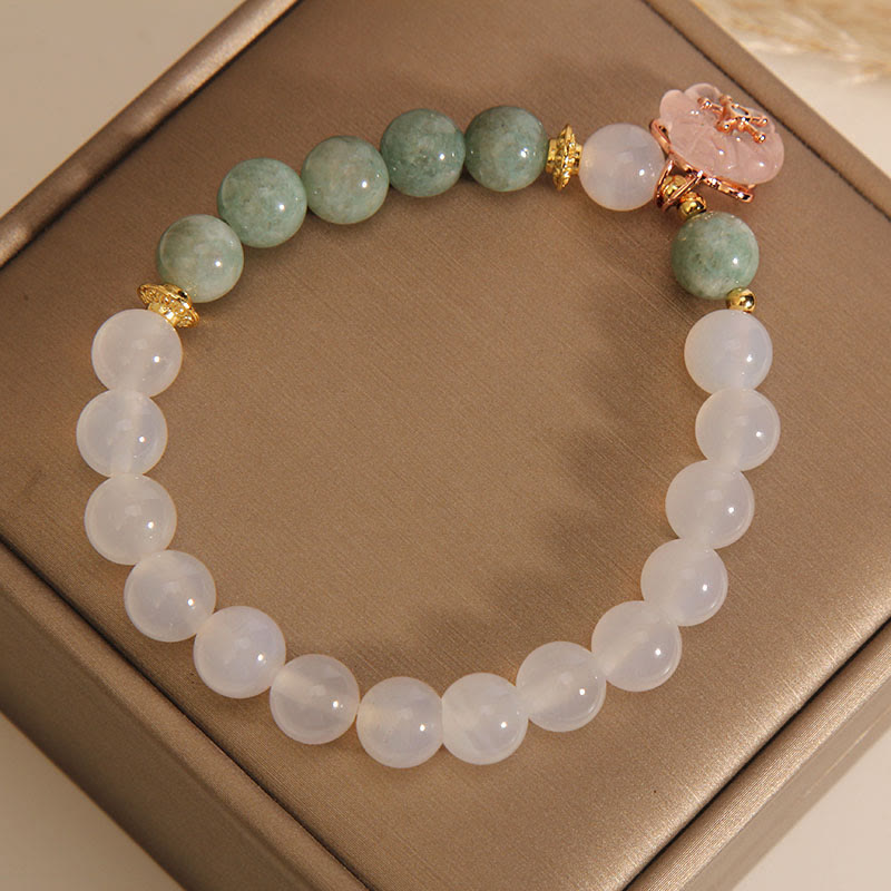 Fortune Jewel White Agate Jade Flower Charm Luck Protection Bracelet