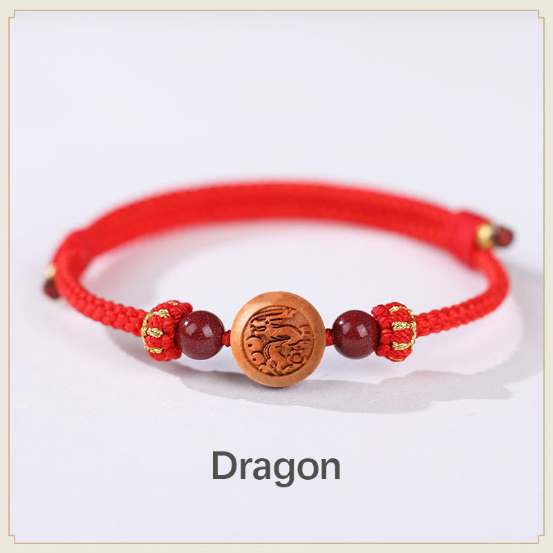 Fortune Jewel Natural Peach Wood Chinese Zodiac Fu Character Carved Cinnabar Wealth Bracelet