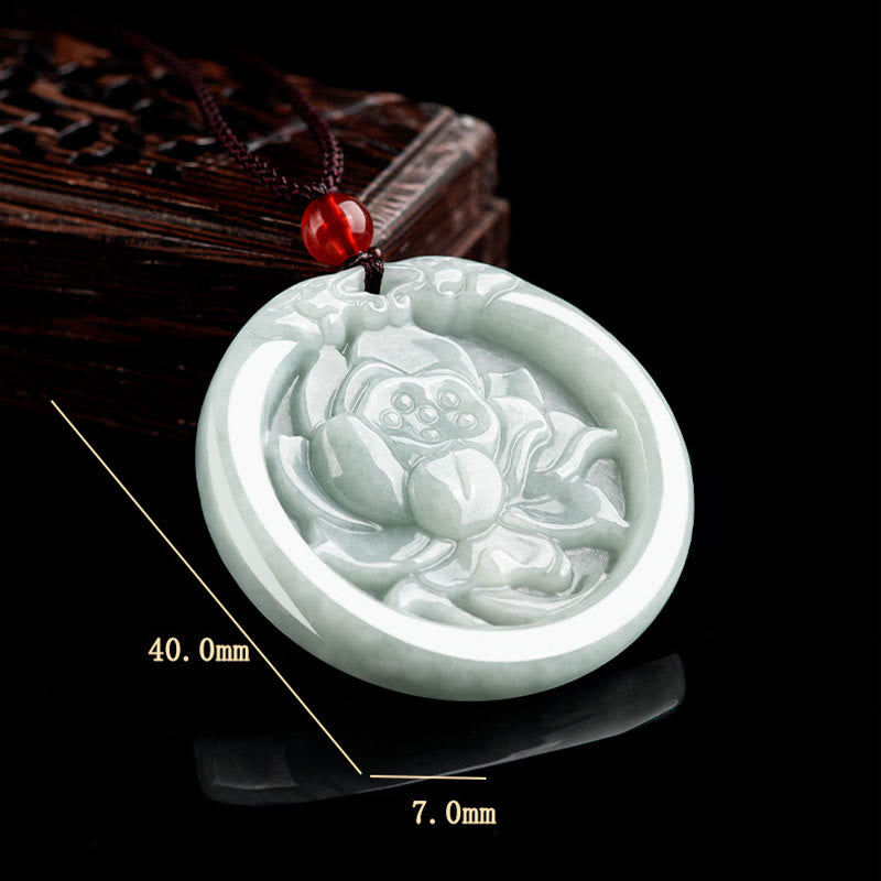 Fortune Jewel Natural Jade Lotus Flower Carved Prosperity Necklace Pendant Fortune Jewel