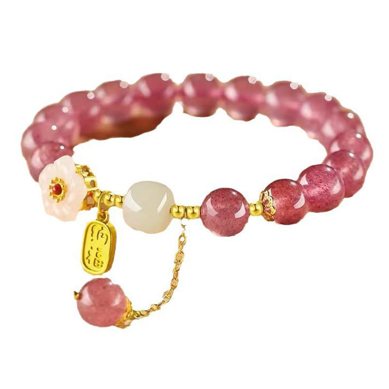 Fortune Jewel Strawberry Quartz Fu Character Pink Crystal Healing Bracelet