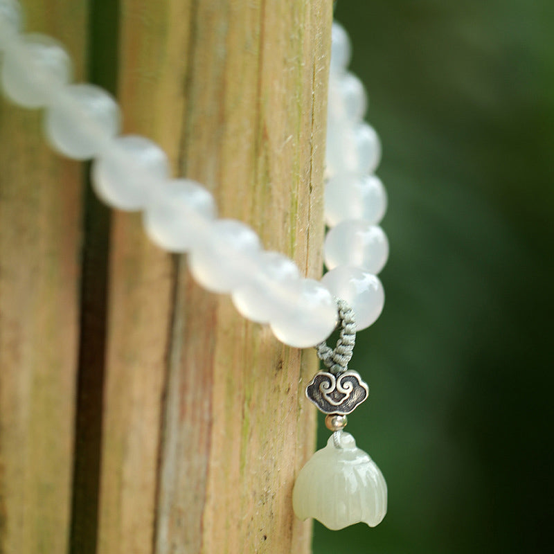 Fortune Jewel White Agate Jade Lotus Protection Bracelet