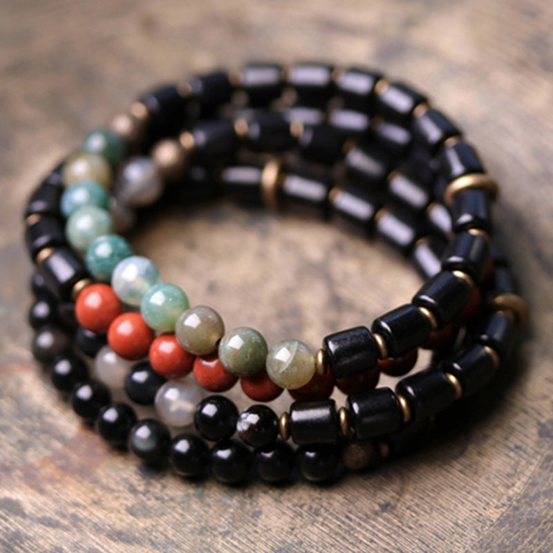 Fortune Jewel Ebony Wood Red Jasper Moss Agate Crystal Copper Peace Couple Bracelet