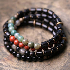 Fortune Jewel Ebony Wood Red Jasper Moss Agate Crystal Copper Peace Couple Bracelet