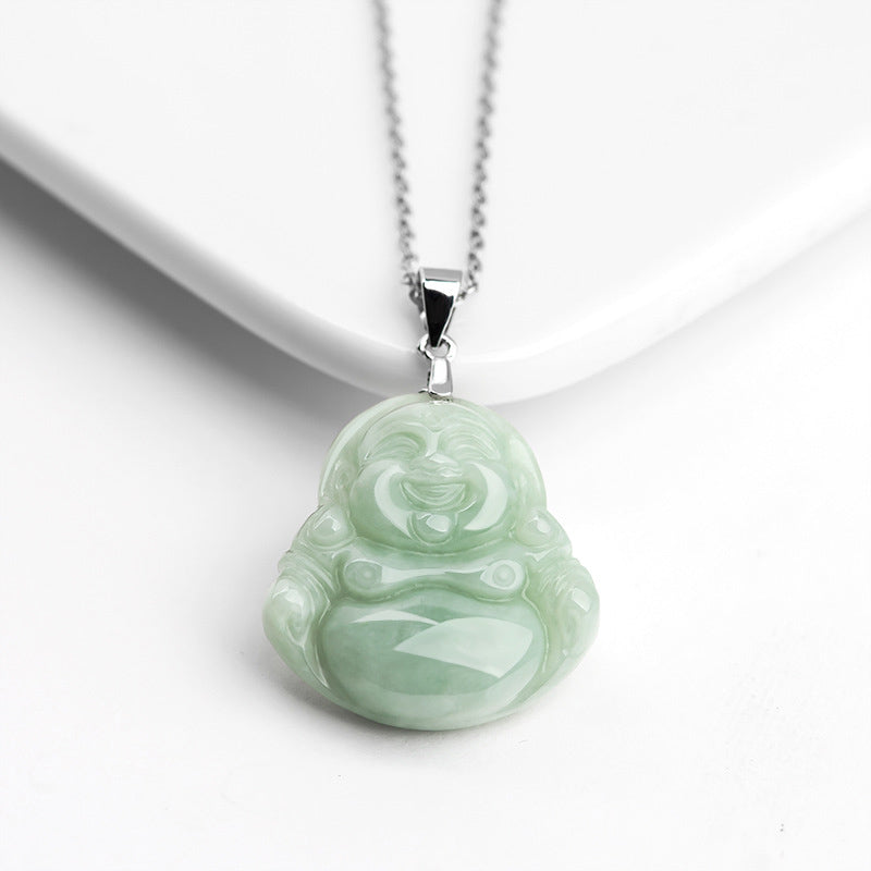 Fortune Jewel Laughing Buddha Jade Blessing Titanium Steel Chain Necklace Pendant Fortune Jewel