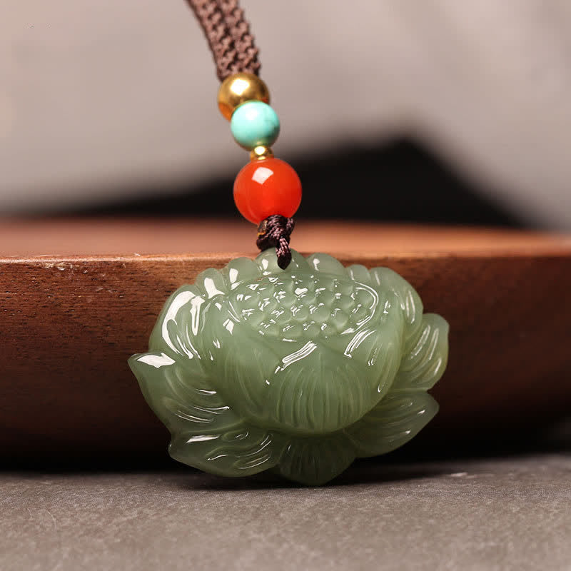 Fortune Jewel Hetian Cyan Jade Lotus Flower Success Necklace Pendant Fortune Jewel