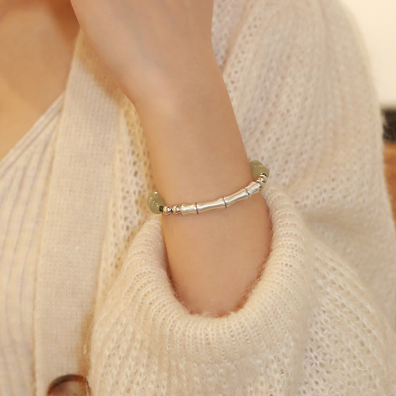 Fortune Jewel 925 Sterling Silver Natural Jade Fu Character Bamboo Abundance Bracelet