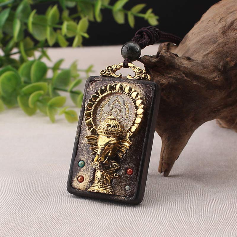 Fortune Jewel Ebony Wood Elephant God of Fortune Buddha Blessing Necklace String Pendant