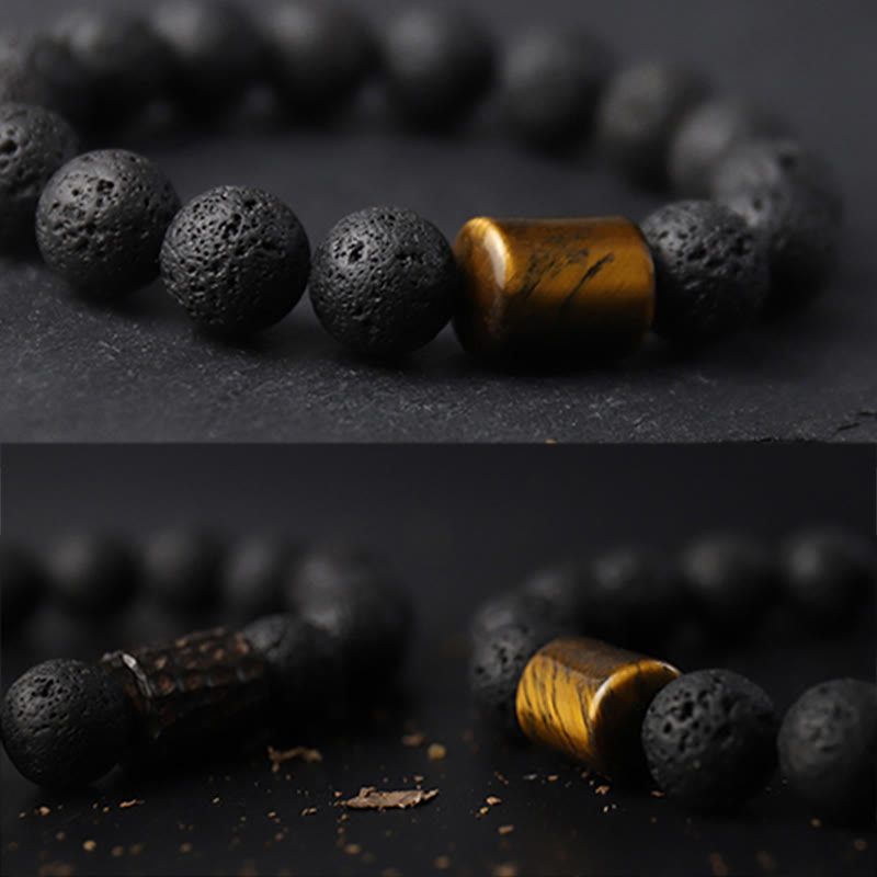 Fortune Jewel Lava Rock Ebony Wood Tiger Eye Support Healing Bracelet