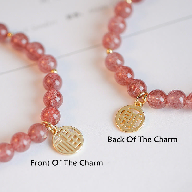 Fortune Jewel 14K Gold Plated Strawberry Quartz Fu Character Healing Charm Bracelet