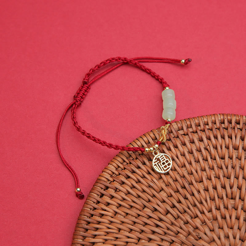 Fortune Jewel Handcrafted Jade Bead Fu Character Charm Luck Red Rope Bracelet