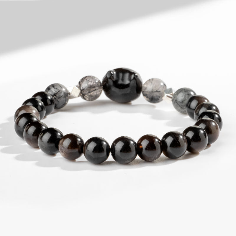 Fortune Jewel Natural Silver Sheen Obsidian Cute Cat Head Protection Bracelet