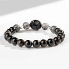 Fortune Jewel Natural Silver Sheen Obsidian Cute Cat Head Protection Bracelet