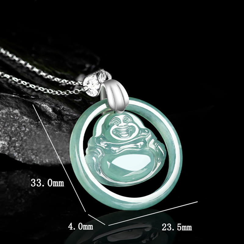 Fortune Jewel Natural Jade Round Laughing Buddha Abundance Titanium Steel Chain Necklace Pendant Fortune Jewel