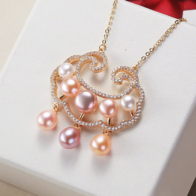 Fortune Jewel 18K Gold Plated Natural Pearl Chinese Lock Charm Sincerity Necklace Pendant