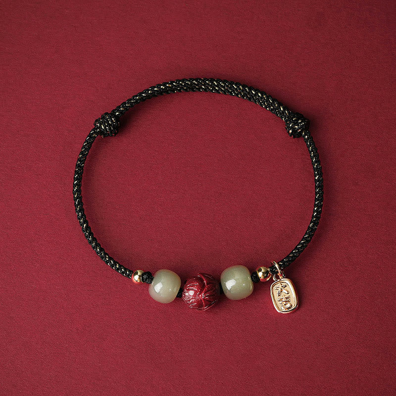 Fortune Jewel 14K Gold Plated Hetian Jade Cinnabar Lotus Luck Handcrafted Rope Bracelet