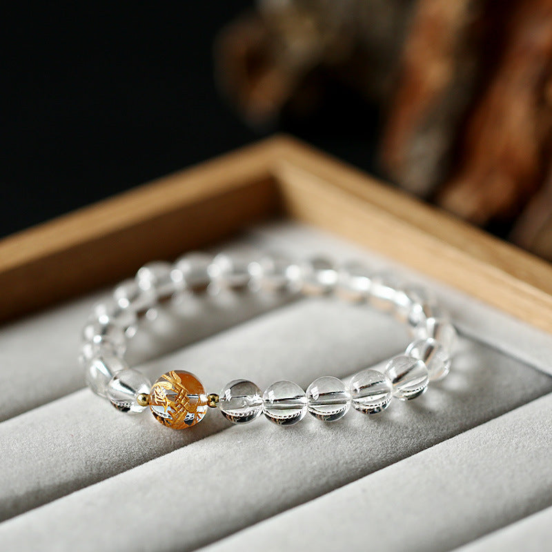 Fortune Jewel Natural Black Obsidian White Crystal Black Onyx Dragon Strength Bracelet