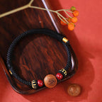 Fortune Jewel Natural Peach Wood Chinese Zodiac Fu Character Carved Cinnabar Wealth Bracelet