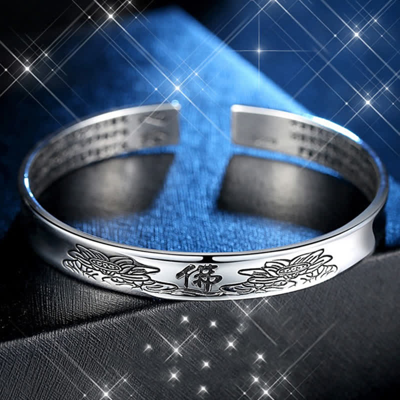 Fortune Jewel Heart Sutra Mantra Lotus Peace Copper Cuff Bracelet Bangle Fortune Jewel