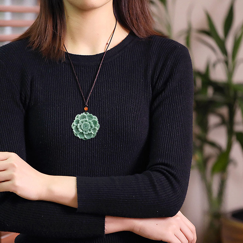Fortune Jewel Lotus Pattern Jade Luck Prosperity Necklace Pendant