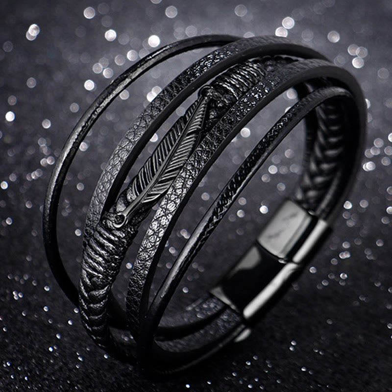 Fortune Jewel Feather Pattern Multilayer Leather Titanium Steel Calm Braided Magnetic Buckle Bracelet