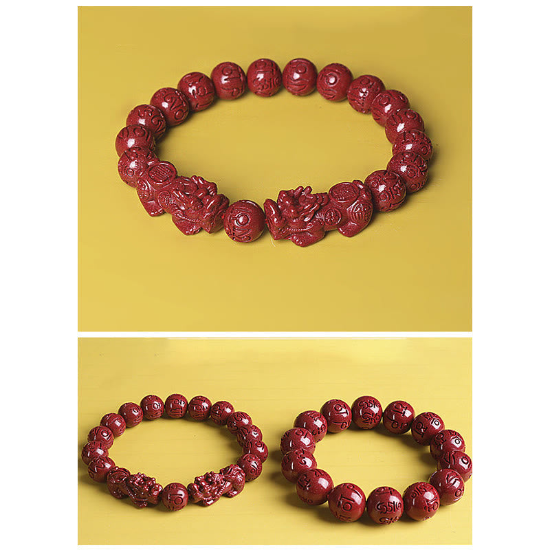 Fortune Jewel Natural Double PiXiu Cinnabar Om Mani Padme Hum Wealth Luck Bead Bracelet