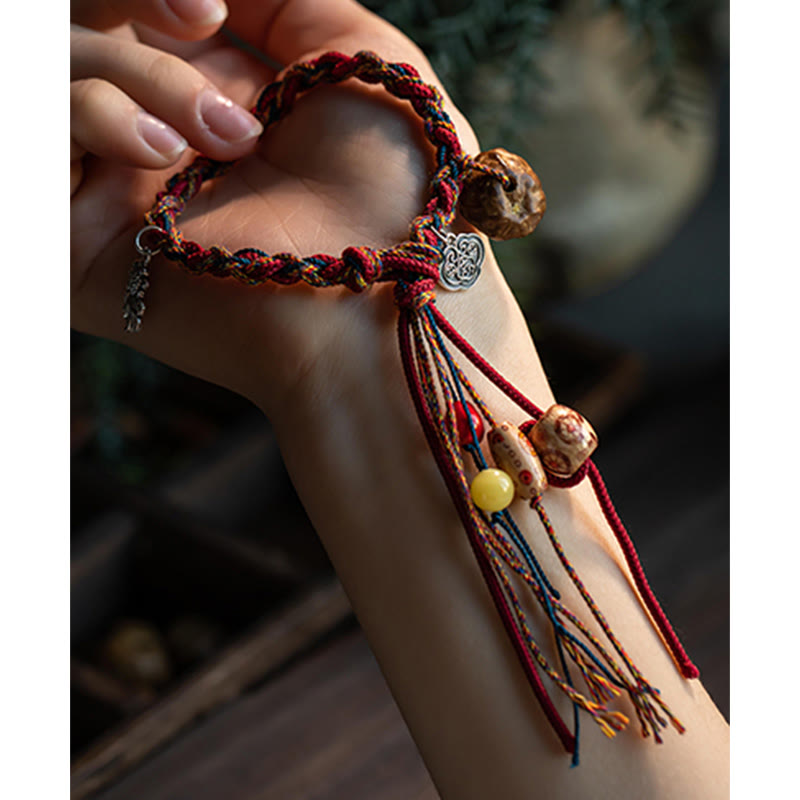 Fortune Jewel Tibetan Handmade Colorful Thread 925 Sterling Silver Koi Fish Protection Strength String Bracelet