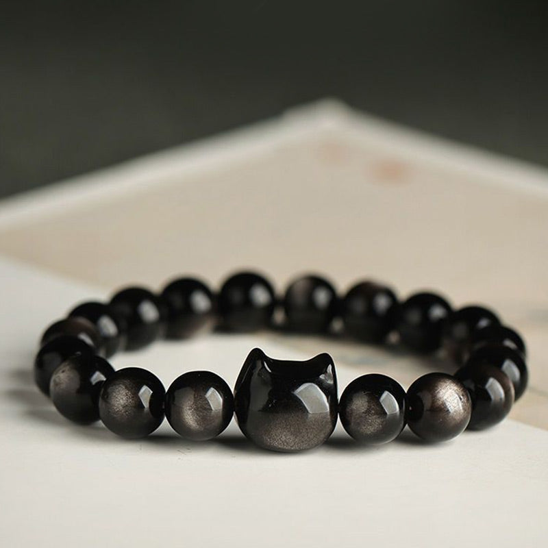 Fortune Jewel Gold Sheen Obsidian Silver Sheen Obsidian Lovely Paw Lucky Cat Protection Bracelet