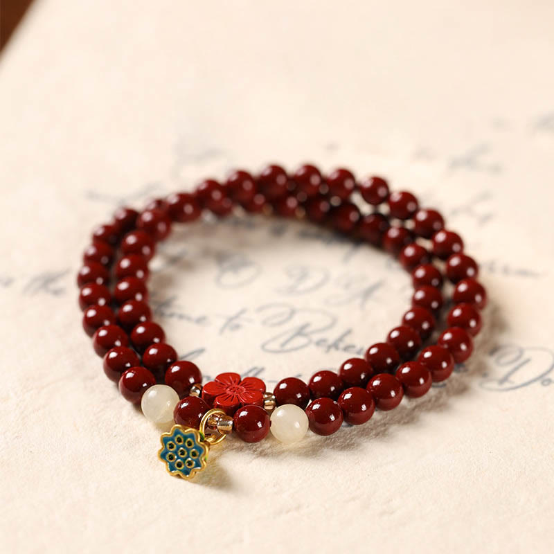 Fortune Jewel Cinnabar Lotus Charm Double Wrap Blessing Bracelet