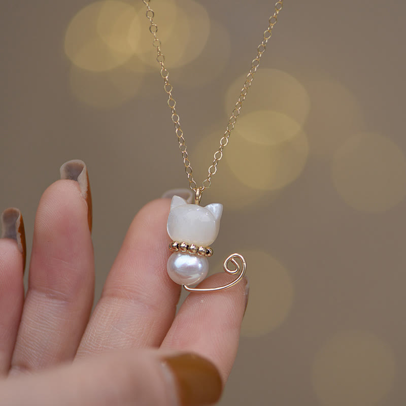 Fortune Jewel 14K Gold Plated Pearl Hetian Jade Shell Luck Cat Kitten Necklace Pendant
