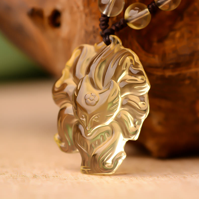 Fortune Jewel Natural Amethyst White Crystal Citrine Nine Tailed Fox Luck Necklace Pendant