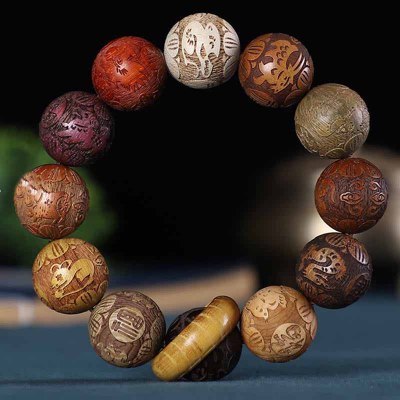 Fortune Jewel Chinese Zodiac Rosewood Green Sandalwood Ebony Wood Copper Coin Carved Calm Bracelet
