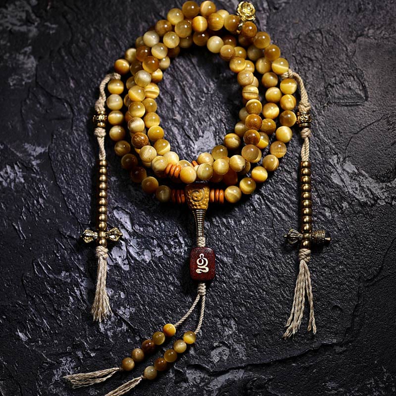 Fortune Jewel 108 Mala Beads Natural Tiger Eye Copper Dorje Protection Tassel Bracelet